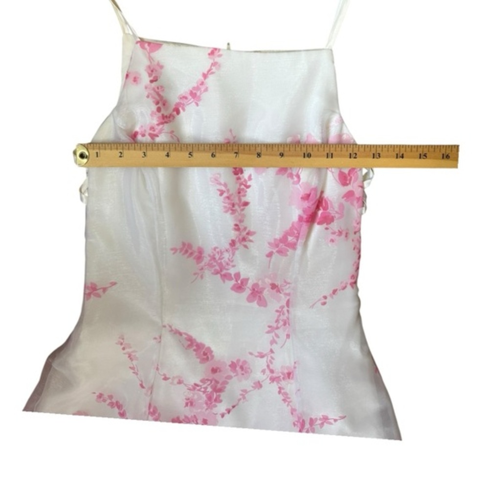 VTG 90s USA Organza Formal A line Dress in White with pink flower print SZ 3/4 - Picture 8 of 9